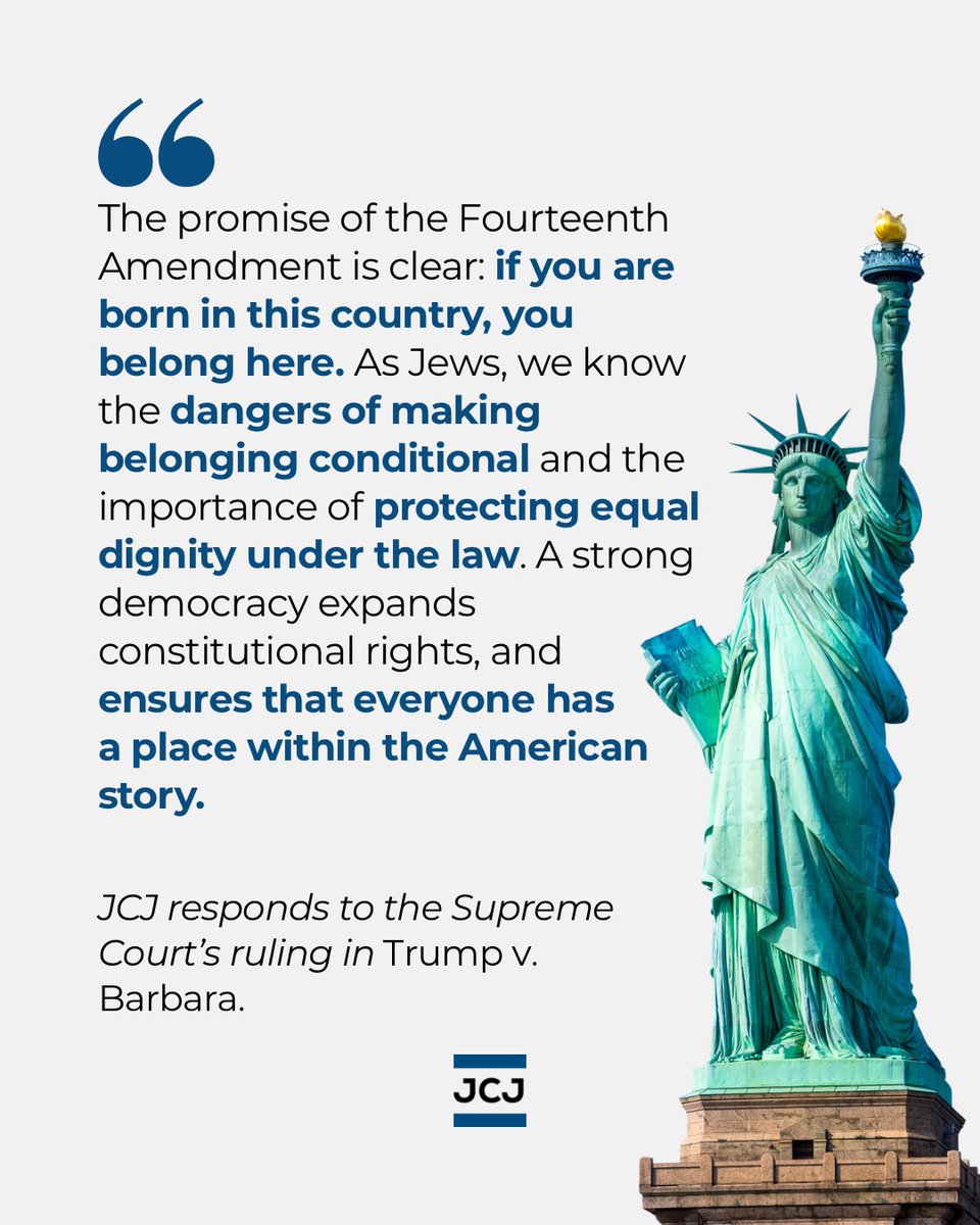 JewishCJustice's tweet photo. We at the Jewish Center for Justice applaud the Supreme Court’s decision to reject the Administration’s attempt to end birthright citizenship, a principle clearly rooted in the Fourteenth Amendment and foundational to American democracy. https://t.co/Mbf1BHtCZC