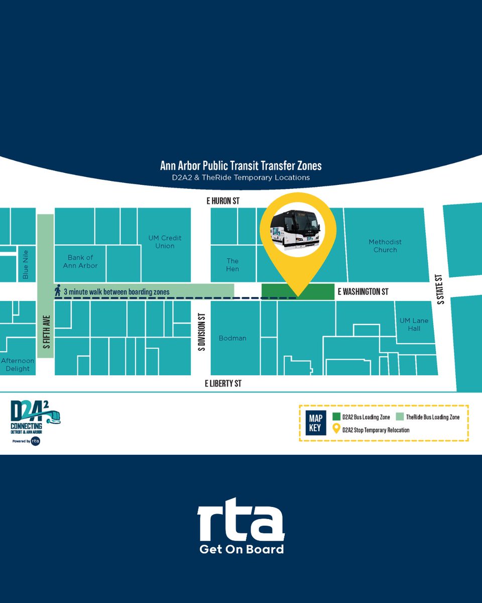 RTAmichigan's tweet photo. ICYMI: The D2A2 stop in downtown Ann Arbor has moved due to construction, but that won't disrupt our connection to @CatchTheRide. 🚌

The new D2A2 stop is 500 E. Washington Street between State &amp; Division streets, a three-minute walk from TheRide's temporary boarding locations. https://t.co/rZ6Z0sQa19