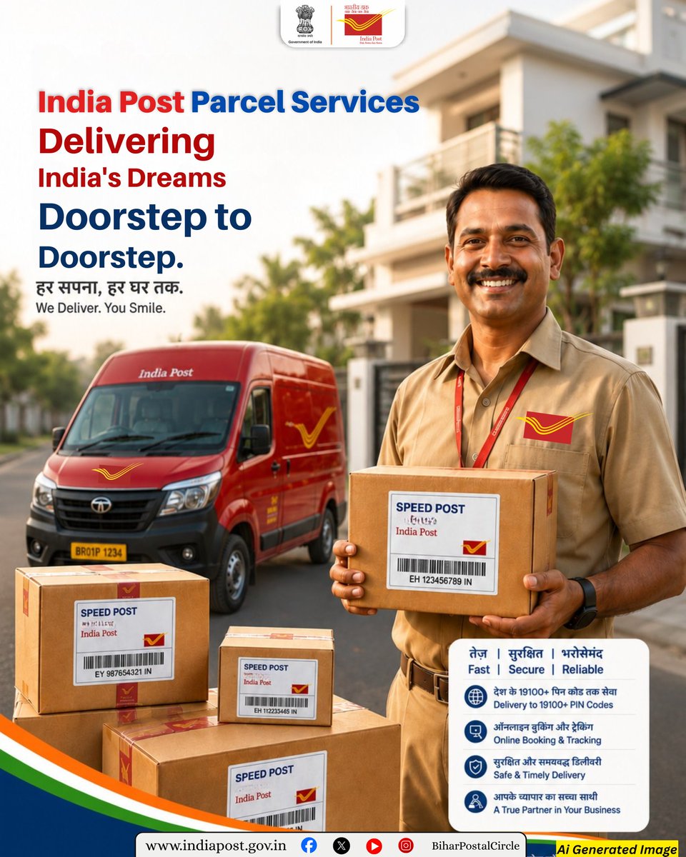 cpmgbihar's tweet photo. Delivering Smiles, Connecting India. 🇮🇳
Fast booking, secure handling, and delivery across 19,100+ PIN codes.
Hashtags
#IndiaPost #ParcelServices #SpeedPost #DoorstepDelivery #DeliveringDreams #TrustedService #Logistics #IndiaPostParcel #BiharPostalCircle #GovernmentOfIndia https://t.co/1f2dKC0dcg