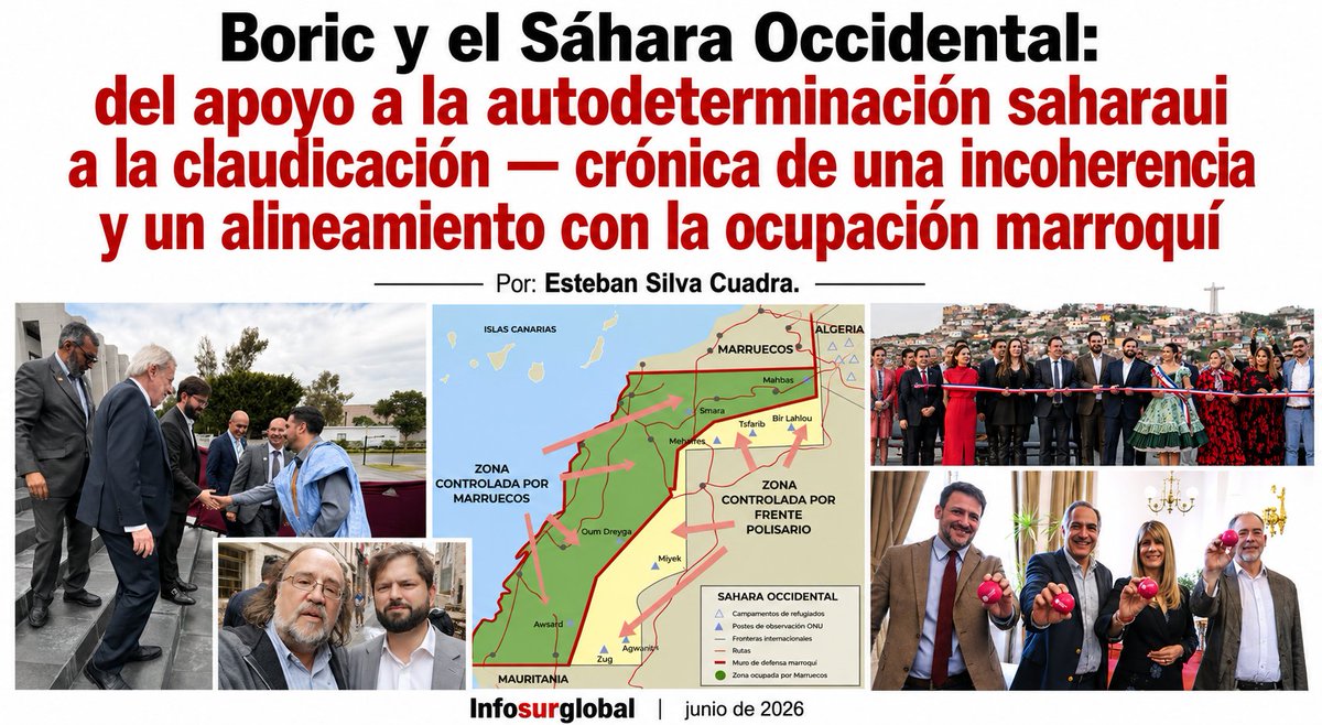 amigosaharaui's tweet photo. Este hilo resume el artículo de @esilvacuadra sobre la claudicación de Boric ante el Sáhara Occidental. Una crónica de doble discurso, alineamiento geopolítico y abandono de principios. Puedes leer el artículo completo en Infosurglobal #SaharaOccidental #Boric #Chile #RASD https://t.co/fXPnyIjFiO
