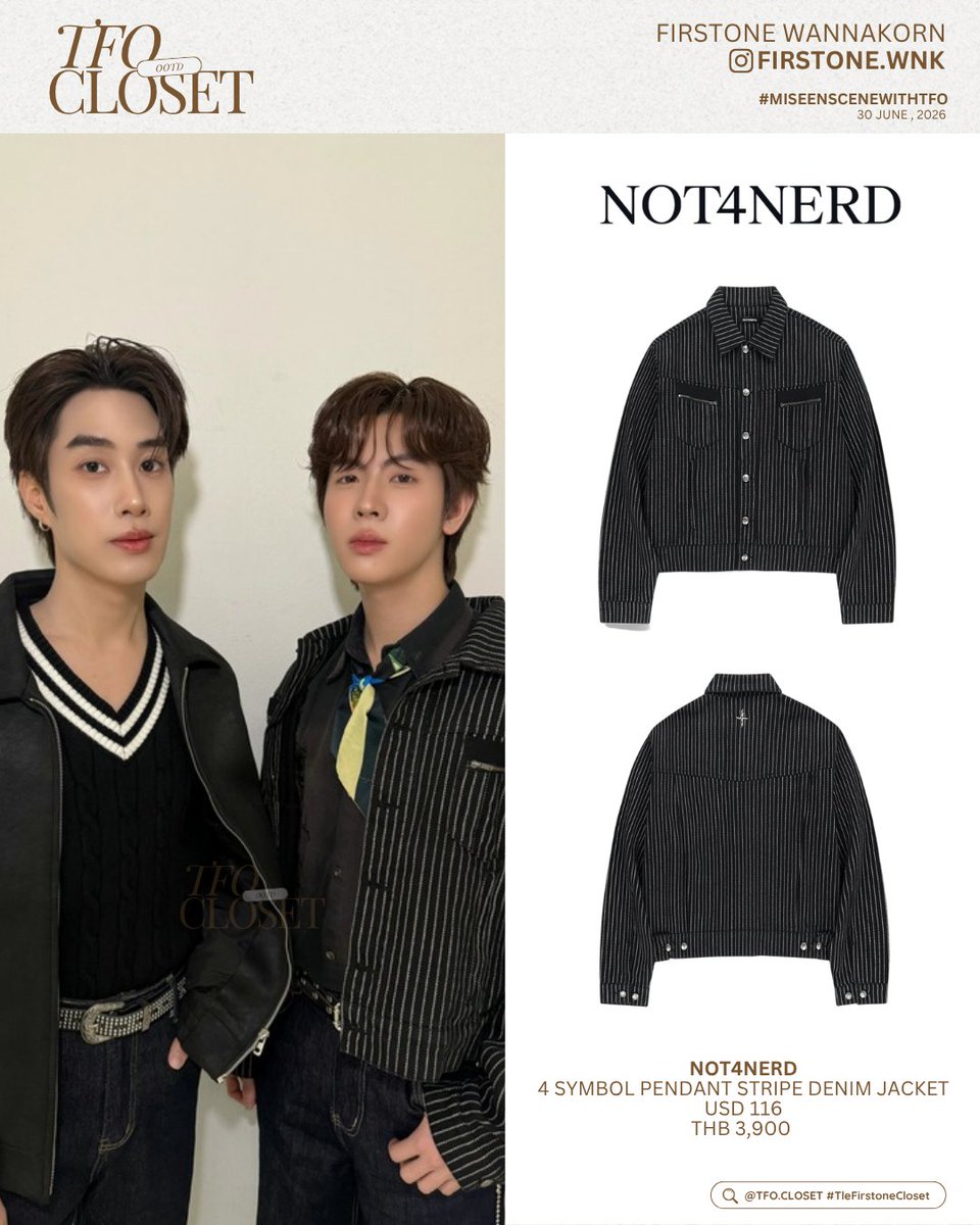 tfocloset's tweet photo. [ #TleFirstoneCloset ] ✨
@firstone_wnk #Firstone 

🗓️ 30.06.2026
MISE EN SCENE WITH TFO
#MISEenSCENEwithTFO

— #not4nerd 
⭐️4 Symbol Pendant Stripe Denim Jacket 
USD 116 
THB 3,900  

🖇️✩#TleFirstone #เติ้ลเฟิร์สวัน ˚⊹♡ https://t.co/1mLxYT1vX7