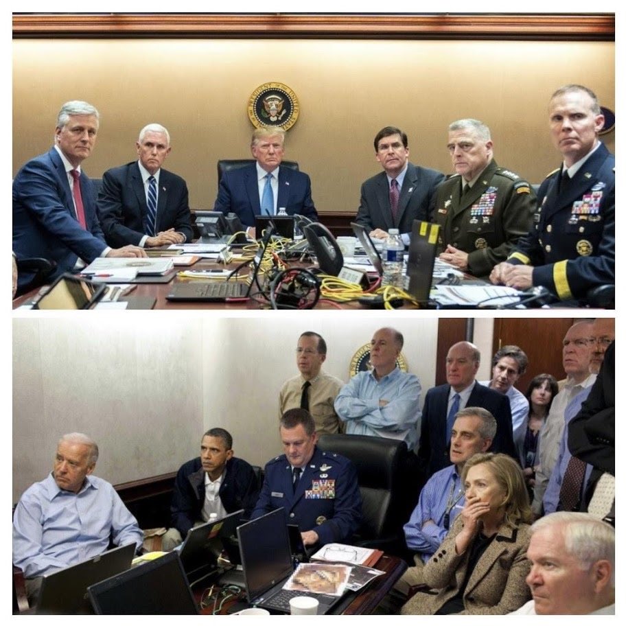 trigottista's tweet photo. Photo of President Trump and President Obama in the situation room during an active national security situation 

Adeboye is telling you Tinubu gives command and goes to his bedroom to sleep 😂 https://t.co/2nR31sIhPP