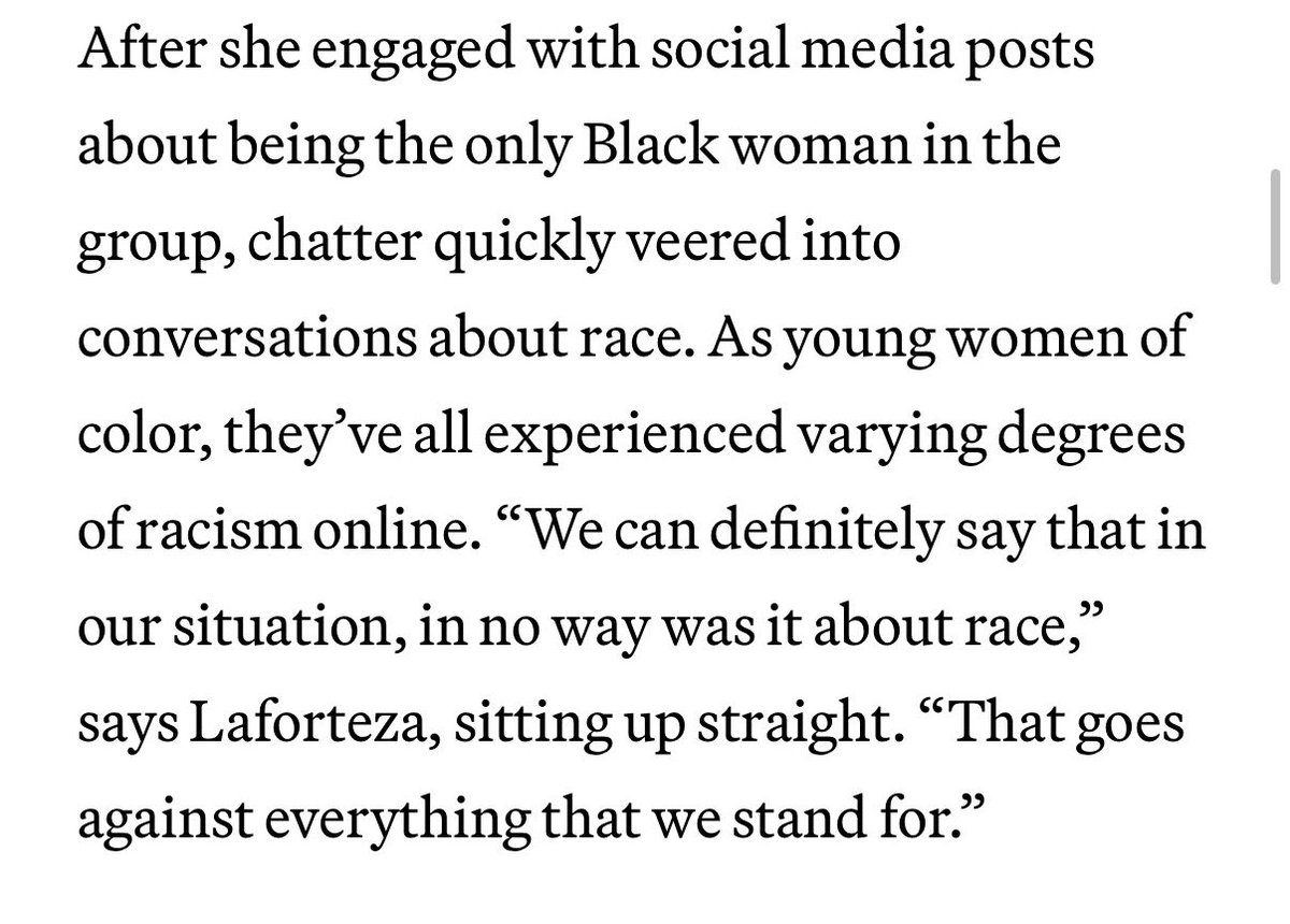 heterozini's tweet photo. the lack of media literacy is insane because sophia clearly said in the interview “in OUR!!! OUR!!!!!!! situation in no way was it about race.” she never said manon didn’t face racism from the company or otherwise, she’s talking about the relationship between manon and the girls https://t.co/HvXeXLacnQ
