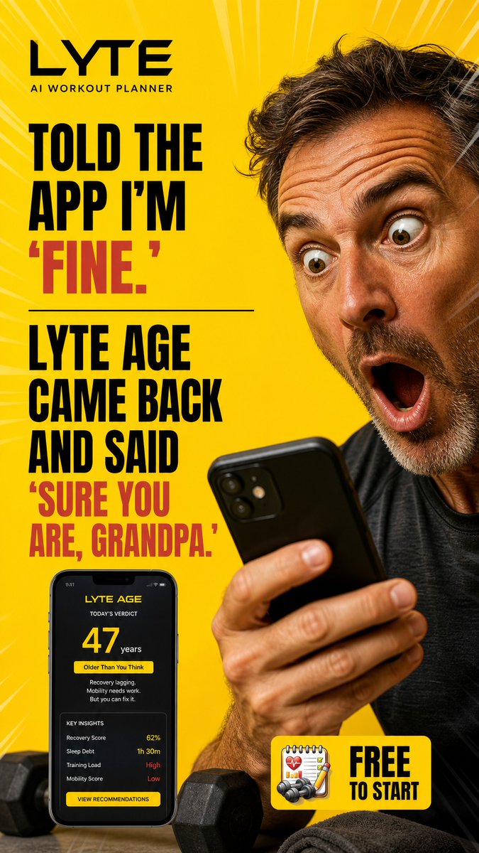 CjlyteJason's tweet photo. tried to tell the app I was ready for leg day. lyte age hit me with the 'sure you are, grandpa' and exposed my sleep debt. the AI does not care about your ego. π #lyteai #fitness https://t.co/CdkBAsc0Ke