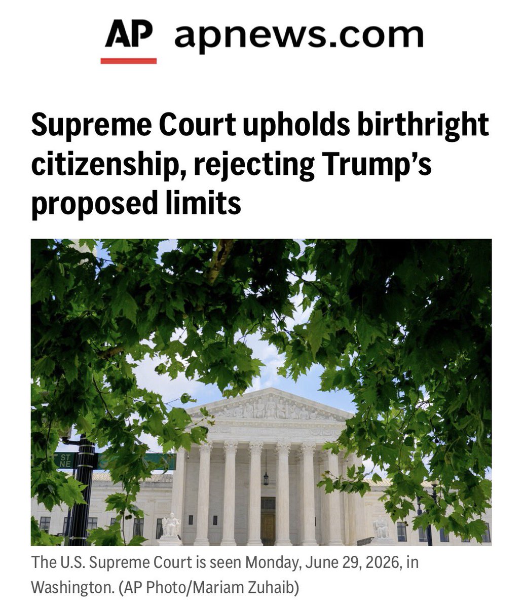 DrAlChaer's tweet photo. A VICTORY FOR BIRTHRIGHT CITIZENSHIP!
Today’s Supreme Court decision is a victory for the Constitution and the rule of law. By reaffirming birthright citizenship under the Fourteenth Amendment, the Court upheld a foundational promise: that citizenship is not subject to shifting political winds, but protected by our Constitution. As Chief Justice John Roberts wrote, the Fourteenth Amendment extended that promise to “every free-born person in this land.” Today, the Court kept that promise. A strong day for constitutional principles, equal protection, and the enduring strength of our democracy.

#citizenship #USA #SCOTUS @alchaerlaw