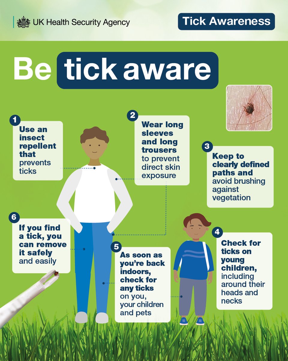 UKHSA's tweet photo. If you're walking through grassy or wooded areas this summer, be tick aware and make sure you know how to avoid ticks and remove them if they bite. 👇 https://t.co/7P3i4xUogC