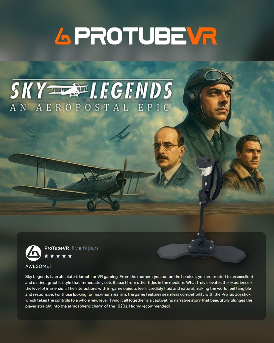 ProTubeVR's tweet photo. Shouting out French VR excellence with #superacgames!

We reviewed #SkyLegends  and it’s a must-play pals! It features a unique graphic style, fluid interactions, and a truly captivating story set in the charm of the 1920s. ✈️

Looking for maximum realism? The game has seamless native compatibility with our ProTas Simmer Joystick for an incredible and immersive piloting experience!

Huge congrats to the studio for making France shine in the gaming world ✊