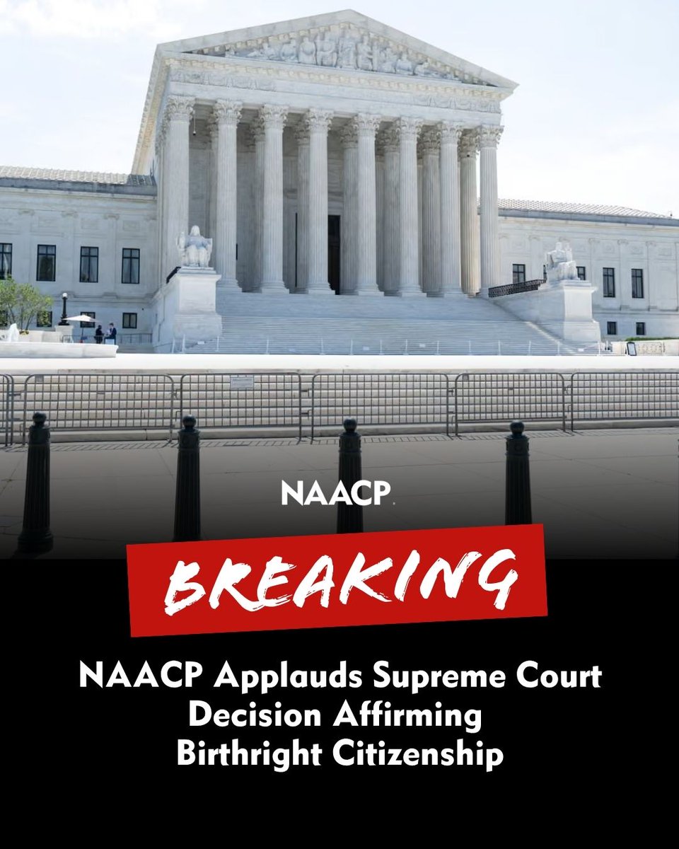 DerrickNAACP's tweet photo. Today’s decision affirms the Constitution and its promise of equality. 

For over 150 years, the Fourteenth Amendment has guaranteed citizenship to everyone born in this country, and the Court rightly upheld that essential democratic principle. https://t.co/kUT3AXL6RP https://t.co/QmkDZHps2t