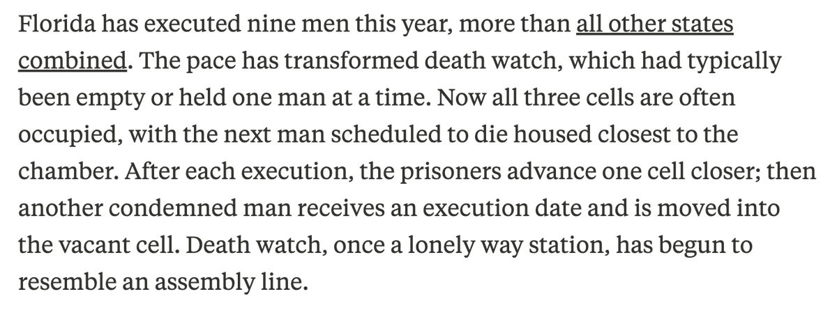 charlesornstein's tweet photo. Florida has executed nine men this year, more than all other states combined. This description by @pamelacolloff of what that looks/feels like is definitely worth your time. https://t.co/3YxK2yqcca https://t.co/JqYHR0HGXQ