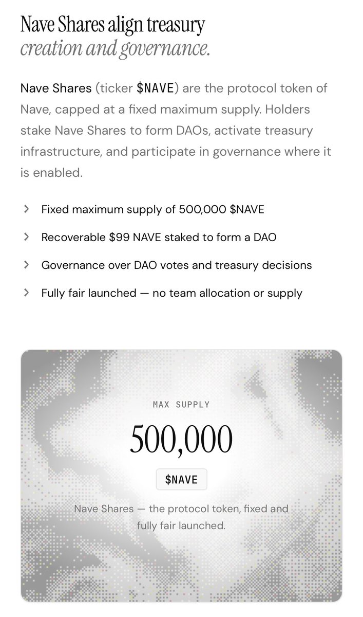 NaveDotFinance's tweet photo. #Gm from solana:EGg56E1YtL5YapzkF7vkRThHR8i5FeRvm2LLuySdYory!

We’ve updated our website with some key information about Nave Shares.

You can find more information about Nave in our documentation portal linked below.

Treasury awaits! https://t.co/TEOcT3sDsc