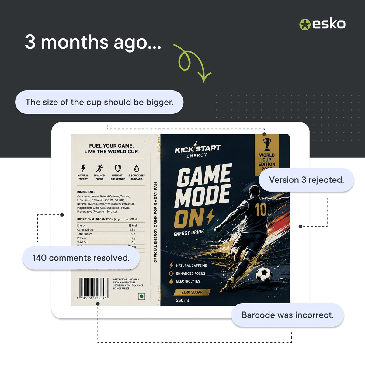 Eskocompany's tweet photo. Behind every World Cup-themed pack launch are countless comments resolved, QR codes checked, artwork approved, and teams working together to get every detail right.

Here's to the people behind the packaging who help bring every campaign to life. ⚽🏆 https://t.co/IGMIBtnS8E