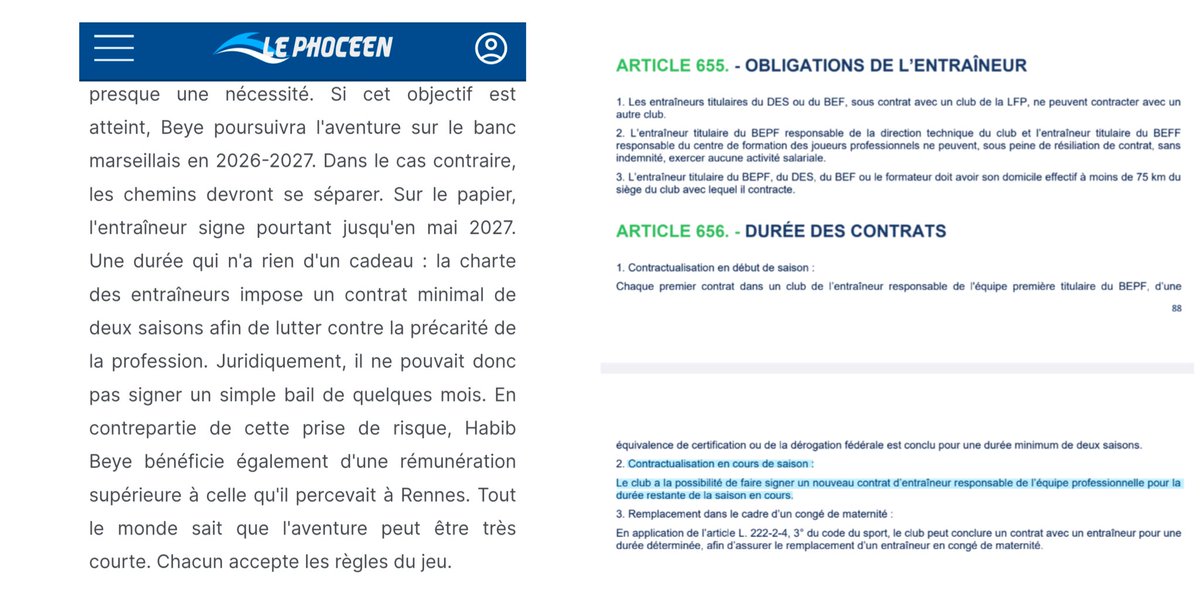 EspoirsduFoot's tweet photo. Cet article au sujet de la séparation Beye / OM comporte un élément erroné. 

En effet, contrairement à ce qui est indiqué, l'OM n'avait pas l'obligation de faire signer un contrat jusqu'à fin 2027 à Beye. 

L'article 656 de la Charte du Football Professionnel est très clair à ce sujet. 

Si un premier contrat doit être signé pour une durée minimale de 2 ans s'il est conclu en début de saison, cette obligation saute si sa signature s'effectue en cours de saison comme pour Beye. 

« 𝘓𝘦 𝘤𝘭𝘶𝘣 𝘢 𝘭𝘢 𝘱𝘰𝘴𝘴𝘪𝘣𝘪𝘭𝘪𝘵𝘦́ 𝘥𝘦 𝘧𝘢𝘪𝘳𝘦 𝘴𝘪𝘨𝘯𝘦𝘳 𝘶𝘯 𝘯𝘰𝘶𝘷𝘦𝘢𝘶 𝘤𝘰𝘯𝘵𝘳𝘢𝘵 𝘥’𝘦𝘯𝘵𝘳𝘢𝘪̂𝘯𝘦𝘶𝘳 𝘳𝘦𝘴𝘱𝘰𝘯𝘴𝘢𝘣𝘭𝘦 𝘥𝘦 𝘭’𝘦́𝘲𝘶𝘪𝘱𝘦 𝘱𝘳𝘰𝘧𝘦𝘴𝘴𝘪𝘰𝘯𝘯𝘦𝘭𝘭𝘦 𝘱𝘰𝘶𝘳 𝘭𝘢 𝘥𝘶𝘳𝘦́𝘦 𝘳𝘦𝘴𝘵𝘢𝘯𝘵𝘦 𝘥𝘦 𝘭𝘢 𝘴𝘢𝘪𝘴𝘰𝘯 𝘦𝘯 𝘤𝘰𝘶𝘳𝘴 ».