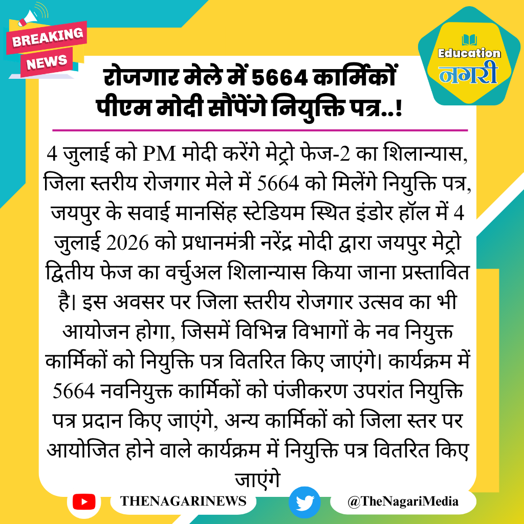 educationnagari's tweet photo. रोजगार मेले में 5664 कार्मिकों पीएम मोदी सौंपेंगे नियुक्ति पत्र..!
#EducationNagari #रोजगार_मेला https://t.co/Jbs0D0wYfS