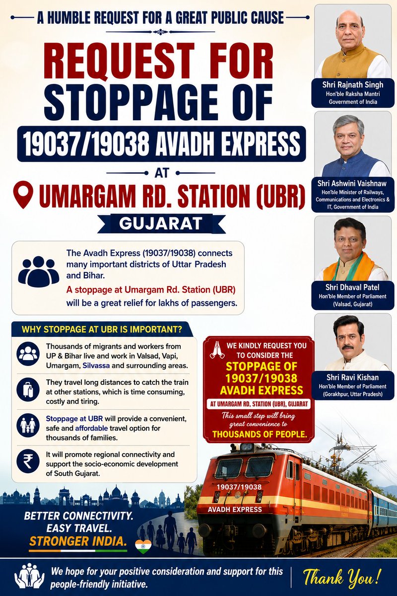 UmbergaonTravel's tweet photo. Request @dhaval241086 @ravikishann @rajnathsingh @AshwiniVaishnaw @irameshawasthi to provide stoppage of 19037/19038 Avadh Express at Umargam rd. station (UBR) Gujarat.
This trains covers many districts of UP &amp; Bihar.
stoppage at UBR will help migrants to travel to their native. https://t.co/3p1sCgIMzL
