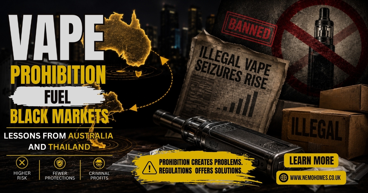 NemoHomes's tweet photo. Vape prohibition in Australia &amp; Thailand isn't reducing demand—it's just moving it underground. Here's what the data shows:  
https://t.co/VhFBVkIGz2 
⚠️(18+) This content is intended for legal-age. 
#vapelaws #vape #ukvape https://t.co/yb31mwDFDe