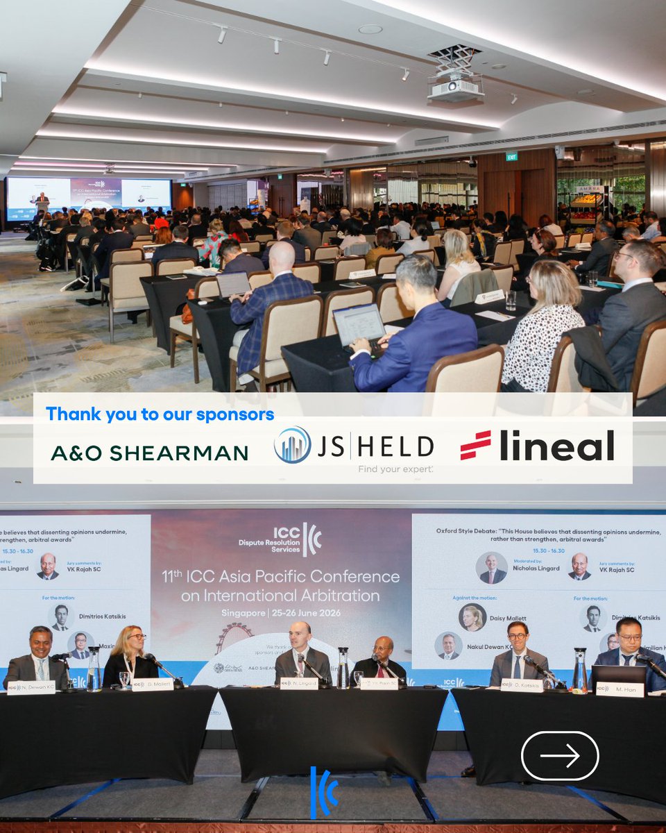 ICC_arbitration's tweet photo. More than 240 participants from 26 countries came together for the 11th ICC Asia Pacific Conference on International Arbitration in Singapore.

Thank you to our sponsors for helping make another successful edition of #ICCAPAC possible.

📸: https://t.co/zNpW8MXqvy https://t.co/AxloAbX9SS