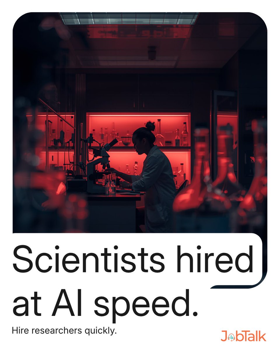 JobTalkAgent's tweet photo. 🔬 Hiring researchers shouldn't move slower than the science.
PhDs, lab techs, research scientists- JobTalk screens them all.
👉 Book a demo at https://t.co/AsaGwCmUIS
#JobTalk #AIRecruiting #ScienceJobs #LabHiring #ResearchCareers #STEMjobs #LifeSciences  #LabTech #HRtech https://t.co/3Su8A2kjYS