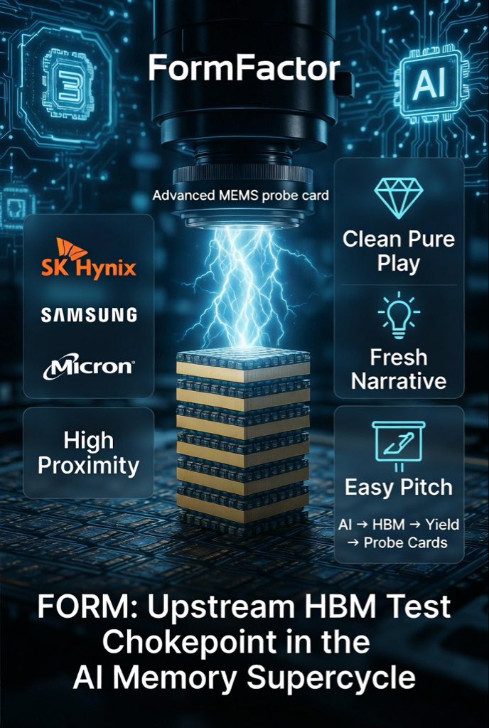 Aznpr7de's tweet photo. $FORM：HBM扩产里的早周期卖铲子

刚刚韩国正式加码，一万亿美元级别资金继续砸向AI、半导体和存储基础设施。

市场第一反应很自然：先买半导体设备龙头，比如 $AMAT $KLAC $LRCX。

这条线OK。设备龙头吃的是最大盘子、最高确定性，也最容易被资金先买。

我更想找的是另一层：

谁卡在更精确的HBM瓶颈上 - 没有那么拥挤、更干净、更有弹性，而且还符合@aleabitoreddit的打法？

$FORM/ #FormFactor 我觉得很有意思，是我现在排第一的HBM卖铲子标的。

> 瓶颈强度：高；HBM在堆叠前必须先做晶圆测试，FORM卡在这个关口。层数越高、良率越关键，提前筛掉问题晶圆的价值就越大。FORM的市场份额是世界第一，是第二名的2倍，全球只有三家。

> 故事传播：强；AI需要HBM，HBM需要良率，良率需要先进探针卡。这条逻辑短、硬、好理解，比宽泛的设备股故事更容易扩散。

> 业务纯度：高；FORM核心就是先进探针卡和晶圆测试。设备龙头吃整条capex，FORM吃更窄、更直接的HBM测试瓶颈。

> 客户验证：强；FORM直接贴着三星、SK海力士、美光的HBM扩产，SK海力士已经把FORM评为“Best Partner”。Q1披露 #NVIDIA 首次成为10%+客户，管理层披露后续将在不只networking，还包括GPU probe cards和CPO systems端合作。

> 收入兑现：更快；FORM在封装上游，扩产一启动，测试订单往往先动。相比很多下游HBM标的，它更早看到收入转换。

> 测试强度：上行；FORM的TAM不如前道设备大，但这轮关键是测试价值在变高。HBM4、先进封装和更复杂芯片，会推高测试密度、探针卡ASP和产品mix。

> 成长路径：清楚；Q1FY26收入创历史新高，DRAM/HBM是主引擎，Foundry/Logic也开始跟上。2026–2028继续看HBM4、Texas产能和存储超级周期，2030收入目标约$1.6B。

> 利润率弹性：真实；毛利率已接近49%，长期目标往55%走。收入增长如果叠加HBMmix、Texas产能和经营杠杆，rerate质量会比普通周期反弹更高。

> 市值弹性：高；约$10B市值 vs peers 400B起。机构持股已经很高，说明专业资金在场；retail 认知还没完全拥挤，后面research继续定调，增量买家还有空间。

> 扩展潜力：：高；HBM是第一段，后面还能接Foundry/Logic、先进封装、CPO和光子测试。故事可以从HBM配套，延伸到AI半导体测试基础设施。

总结：设备龙头是这轮存储capex最显眼的主线，$FORM更像藏在前端的精准卖铲子。

它的位置更上游，业务更干净，故事更容易讲清楚，市值也更有弹性。短期吃HBM探针卡需求，中期吃收入和毛利率上修，长期吃先进封装、Foundry/Logic、CPO和光子测试这些第二层扩展。

市场正在把$FORM从传统硬件周期股，重新看成AI存储基础设施里的测试瓶颈。

如果后面这些第二层空间继续被定价，它有机会从HBM配套股，升级成AI半导体基础设施里的核心卖铲子之一。