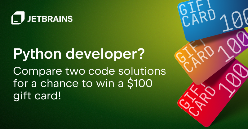 jetbrains's tweet photo. A quick 20-minute study from JetBrains Research!
Read one Python problem, choose which of two solutions to merge, and rate both.
You could win a USD 100 Amazon Gift Card!