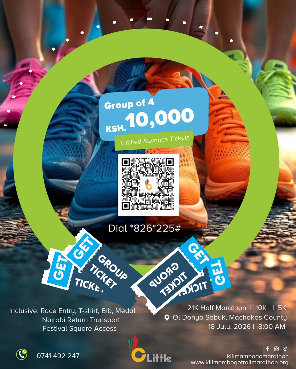 MbogoMarathon's tweet photo. Squad goals hit different! 👟🔥 Gotta tag someone, will you?

Grab your comrades or running crew and save more — Group of 4 for KSh 10,000!

Limited Advance Tickets available.

Escape together. Run together. Live up Kilimambogo Experience

#KilimambogoTrailMarathon #KTM2026 https://t.co/hUXxGvcOjT