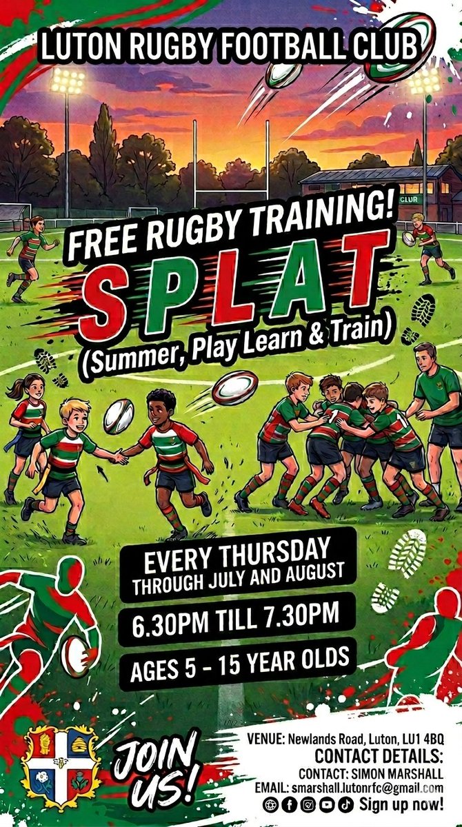 WigmorePe's tweet photo. Mr Marshall will be running FREE rugby sessions with Luton Rugby club this Summer. Sessions run every Thursday throughout July / August 6.30pm - 7.30pm. Everyone is invited. 

Venue - Luton Rugby Club, Newlands road, Luton, LU14BQ. 

Please Share! https://t.co/YJJUETgkq7