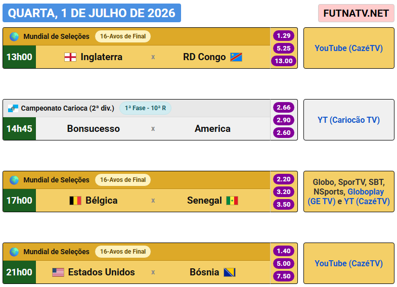 futnatv's tweet photo. A programação do futebol nesta quarta (1/7/2026) https://t.co/cHbDLHehqa