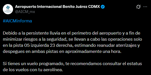 MVSNoticias's tweet photo. El Aeropuerto Internacional de la CDMX reduce operaciones por lluvias, estima que  reanudará aterrizajes y despegues en ambas pistas en aproximadamente una hora. ✈️🌧️ https://t.co/AsAtyIQ4BP