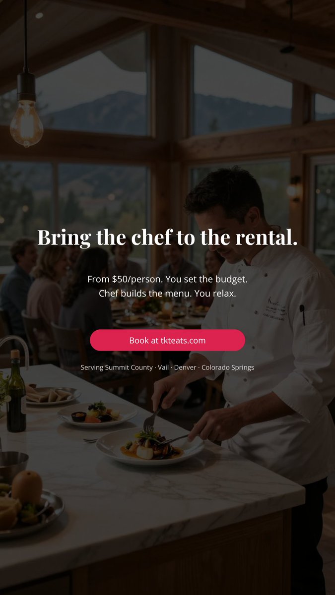 TKTeats's tweet photo. Denver: great dining scene, zero tables for 12 on Saturday. Colorado Springs: beautiful rentals, 20 min to the nearest grocery.
Private chef from $50/person. https://t.co/uUJqZXyFuZ
#privatechef #privatechefexperience #coloradochef #coloradovacation #summitcounty https://t.co/w0qbDEBWNC