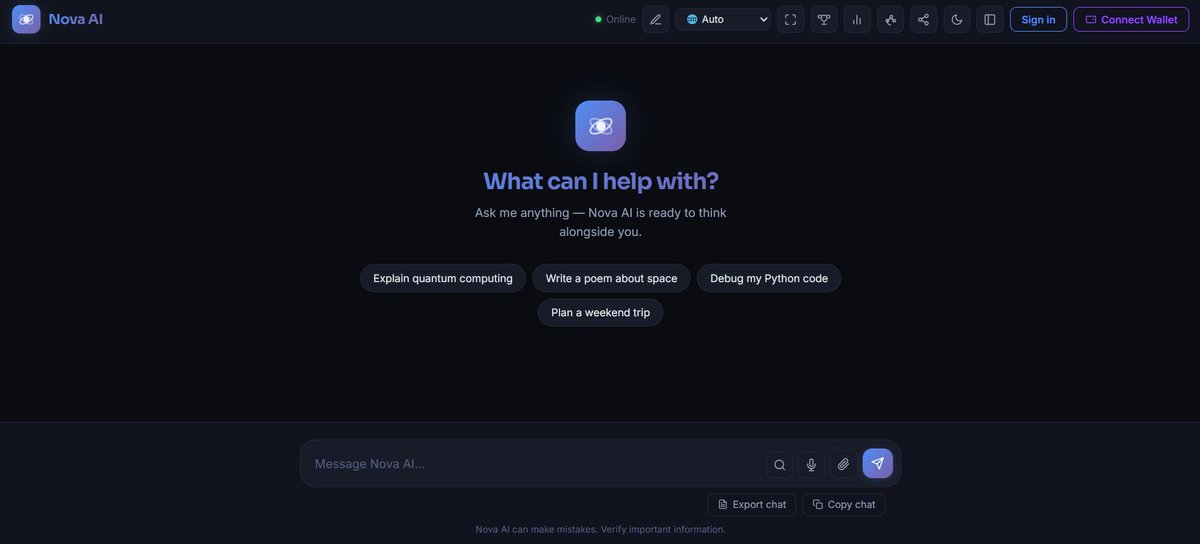 NovaStudiosAI's tweet photo. Nova AI V1.1 is here 🚀

New this update:
🎨 Brand new UI
🏆 Referral leaderboard
🔒 Token gating ready for $NOVA
💬 Smoother, more modern chat experience
📱 Fully mobile optimized
👻 Wallet auto-disconnects on sign out

Try it now → https://t.co/XIatWSy5yR

Discord → https://t.co/cJT8yVqOvT
Telegram → https://t.co/V6afu2crib

#AI #Solana #BuildInPublic