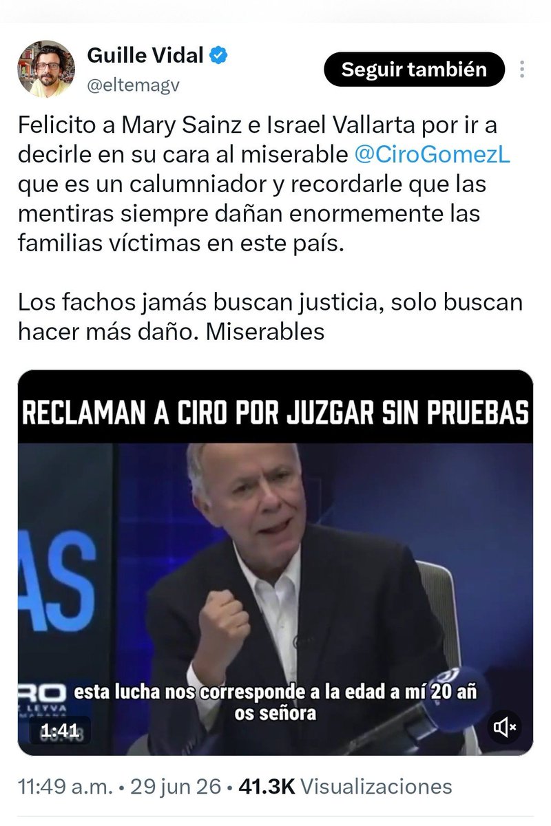 Arouet_V's tweet photo. Guille Vidal (@eltemagv):

Eres parte de una campaña contra @CiroGomezL, eso está claro y estás en tu derecho. Ahira, imagina por un momento que tienes la certeza de conocer a quienes victimaron a tu hermano y que, pese a ello, un juez lo absuelve. Imagina que, sin embargo, hay quienes te creen y difunden tu reclamo y tu dolor. Ahira Imagina que esas personas que te creen son perseguidos desde el poder.

MLT