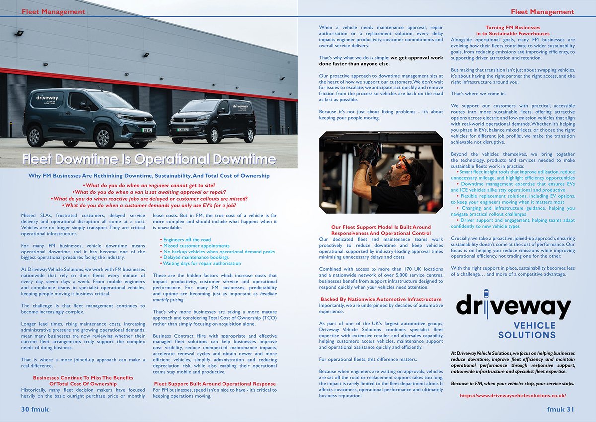 FMUKmagazine1's tweet photo. Latest Issue📰: For many FM businesses, #vehicle downtime means #operational downtime.
Driveway Vehicle Solutions help businesses reduce #downtime, improve #fleet #efficiency and maintain operational #performance.
➡️https://t.co/FrdJvwM93L
#facman #FacilitiesManagement #support https://t.co/a7d9NsdaN1