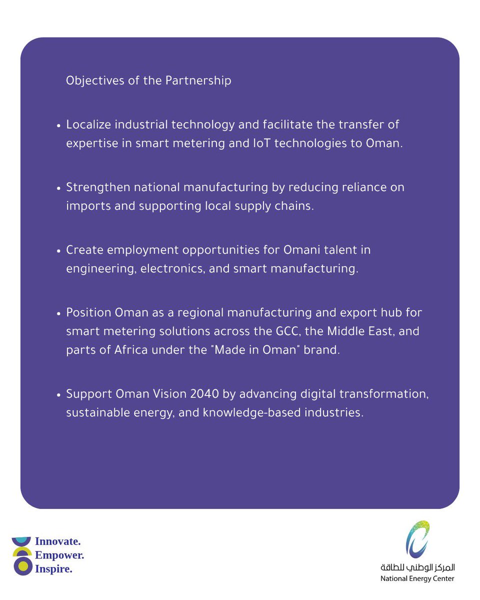 oman_nec's tweet photo. to support the development of smart metering technologies in the Sultanate of Oman and enhance knowledge transfer in line with Oman Vision 2040.
 
#OmanVision2040 #Oman #Ectron https://t.co/A1RzEWX0Rm