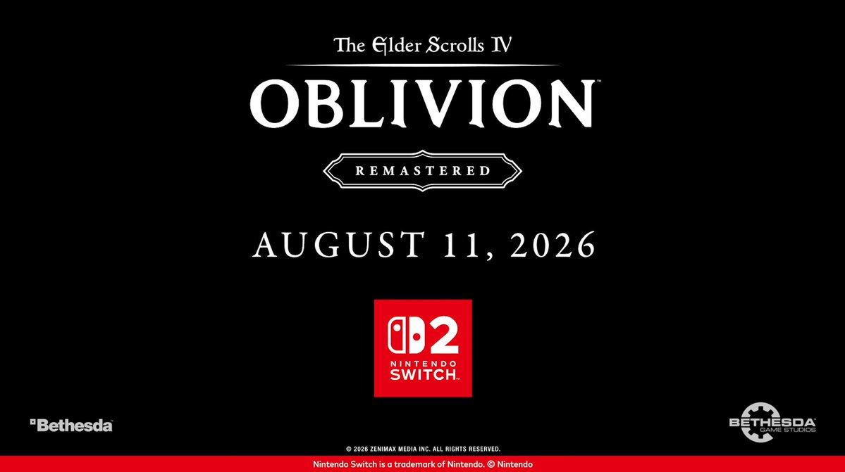 Stealth40k's tweet photo. The Elder Scrolls IV: Oblivion Remastered comes to Switch 2 on August 11th. 

The physical edition will include the entire base game on cart.

This includes the Shivering Isles and Knights of the Nine story expansions. https://t.co/WjuCNnUepz