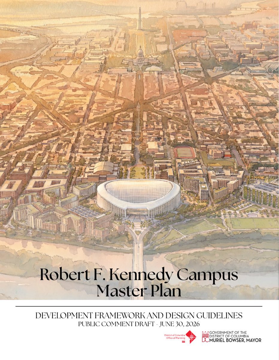 MayorBowser's tweet photo. New today: We released our draft RFK Campus Master Plan. 

Including:

+5,000-6,500 housing units, at least 30% affordable 
+30,000 construction jobs, 2,000 permanent
+$24.2B total economic output
+$5.1B in tax revenue 

Full plan &amp; public feedback form: https://t.co/O1ojNrFCTe https://t.co/fM63Af6aGI