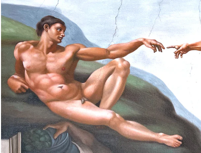 truth_recon's tweet photo. The background of the right side image of Michelangelo's Creation of Adam  depicts God inside a cross section of the human Brain, and the left side image looks a bit like the layers of a human womb. The hand reaching toward Adam depicts the spark of life, and the basket imagery of the womb as a vessel to contain the soul, showing the commencement of the soul.