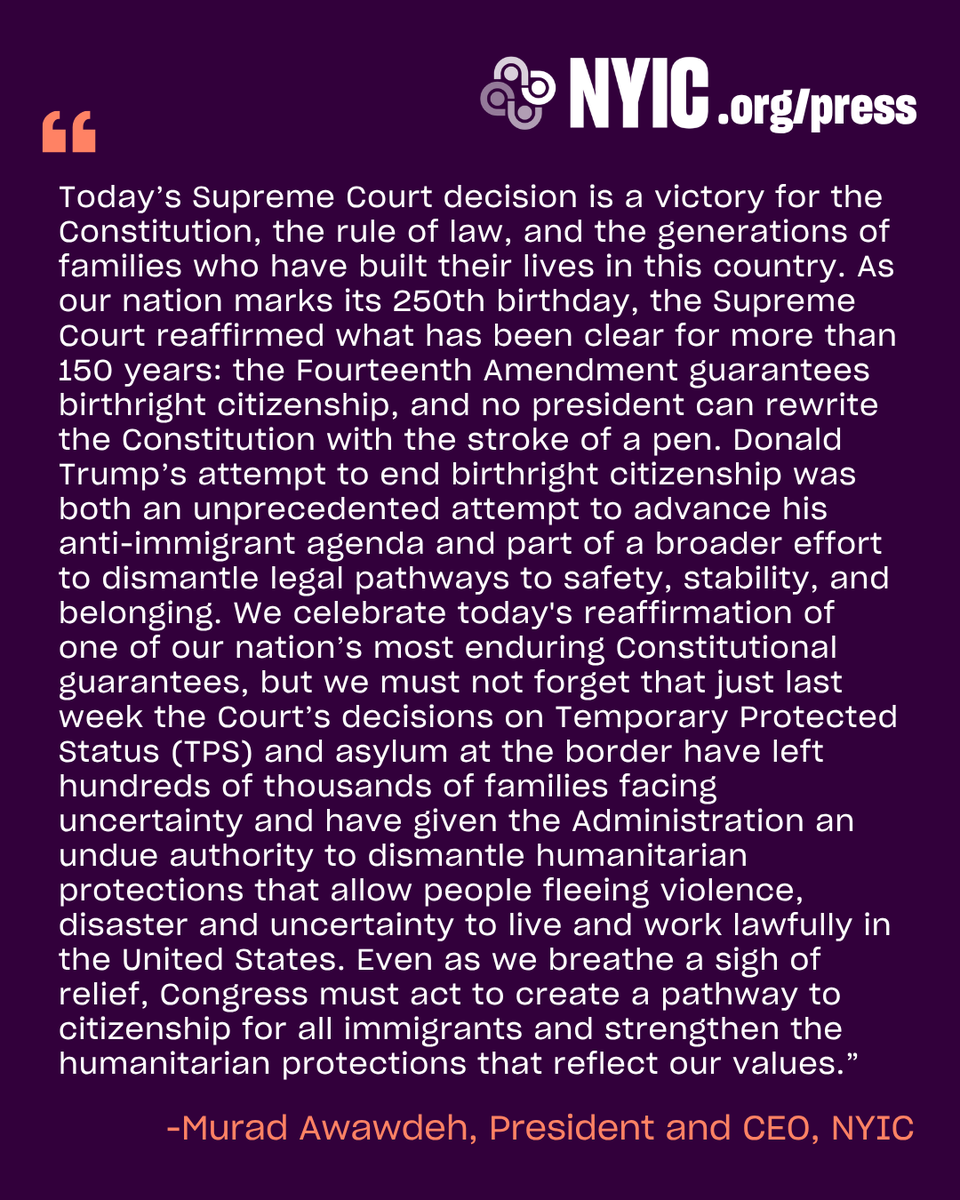 thenyic's tweet photo. 🚨SCOTUS Ruling Upholds Birthright Citizenship, Rejecting Trump’s Unconstitutional Executive Order

"Today’s SCOTUS decision is a victory for the Constitution, the rule of law, and the generations of families who have built their lives here." @HeyItsMurad

https://t.co/RBV2azNuCY https://t.co/6QEVgGkuXq