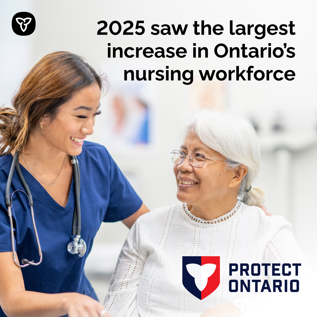 ONThealth's tweet photo. 📢  Ontario’s #NursingWorkforce continues to grow!

In 2025, 18,000+ nurses entered Ontario’s workforce – the largest increase in the province’s history.

More nurses = faster and easier access to care for your family.

Find out more: https://t.co/CywYp7f7Bu https://t.co/Oinu0LQXCi