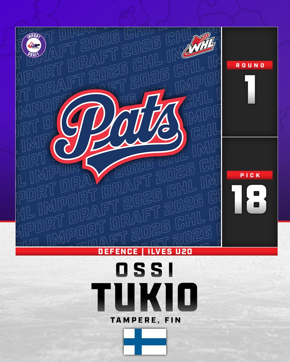 TheWHL's tweet photo. With the 18th-overall pick in the 2026 #CHLImportDraft, the @WHLPats select defenceman Ossi Tukio. https://t.co/JsA84jOroY