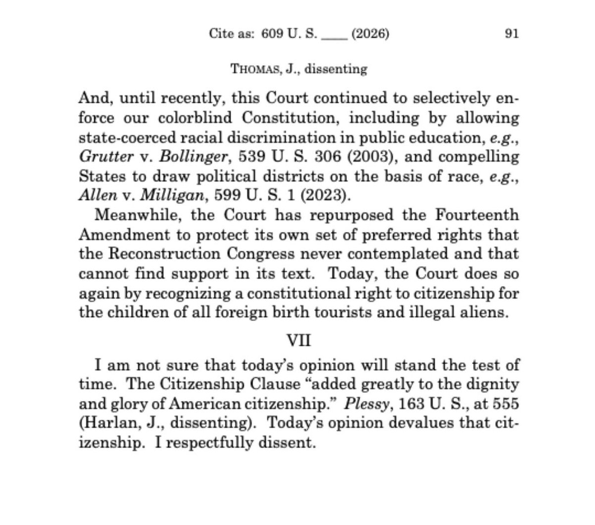 AFpost's tweet photo. Justice Clarence Thomas: "The Citizenship Clause ‘added greatly to the dignity and glory of American citizenship.’ Today's opinion devalues that citizenship. I respectfully dissent.”

Follow: @AFpost https://t.co/SOXZxoXcqE