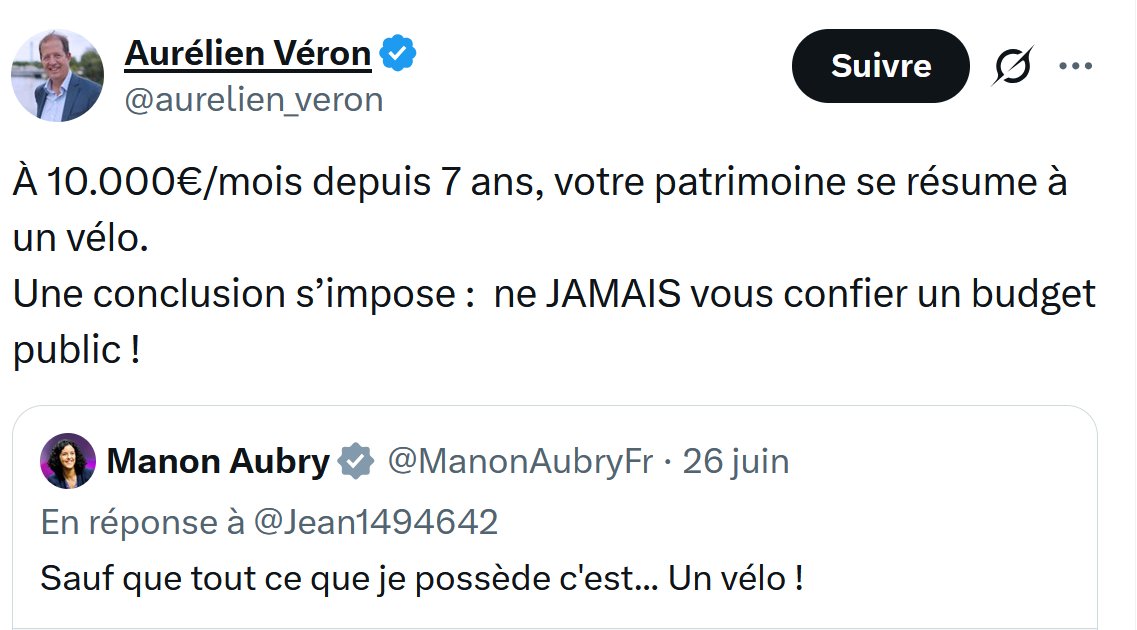 Esban_'s tweet photo. - "Elle a un bateau à voile, c’est scandaleux !!! La plupart des Français ne peuvent pas se le permettre, et vous, vous prétendez défenseur du peuple !!!"

- Non, les gars, mon patrimoine, c’est… un vélo.

- "10 000 € par mois depuis 7 ans et votre patrimoine se résume seulement à un vélo ???? vous savez pas gérer votre argent!!! "

Pile je gagne, face tu perds.