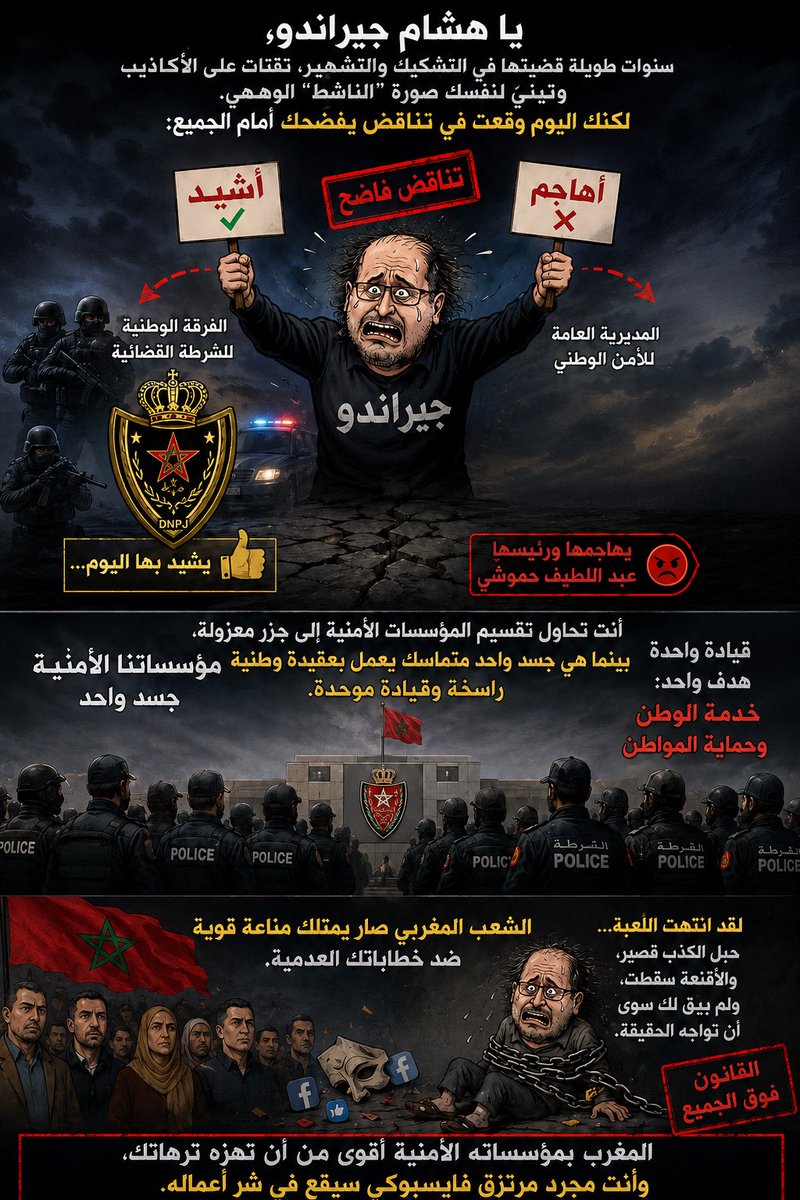 ghazi_talb's tweet photo. يا جيراندو، سنوات طويلة قضيتها في التشكيك والتشهير، تقتات على الأكاذيب وتبني لنفسك صورة الناشط الوهمي. لكنك اليوم وقعت في تناقض يفضحك أمام الجميع إذ تشيد بالفرقة الوطنية للشرطة القضائية، وهي جزء لا يتجزأ من المديرية العامة للأمن الوطني التي لم تتوقف عن مهاجمتها ومهندسها عبد اللطيف #حموشي.

طبعا هذه ليست صحوة ضمير، بل هو انفصام استراتيجي يكشف تراهاتك وإفلاسك الأخلاقي. فأنت تحاول تقسيم المؤسسات الأمنية إلى جزر معزولة، بينما هي جسد واحد متماسك يعمل بعقيدة وطنية راسخة وقيادة موحدة.

هل تظن أن الشعب المغربي سيبتلع هذه الشطحات؟ الشعب الذي صار يمتلك مناعة قوية ضد خطاباتك العدَمية، ويعرف أن إشادتك بالفرع وشيطنتك للأصل ليست سوى رقصة ديك مذبوح.

يا جيراندو، لقد انتهت اللعبة. حبل الكذب قصير، والأقنعة سقطت، ولم يبقَ لك سوى أن تواجه الحقيقة: المغرب بمؤسساته الأمنية أقوى من أن تهزه ترهاتك، والقانون فوق الجميع، وأنت مجرد مرتزق فايسبوكي سيقع في شر أعماله.

الطالبي غازي