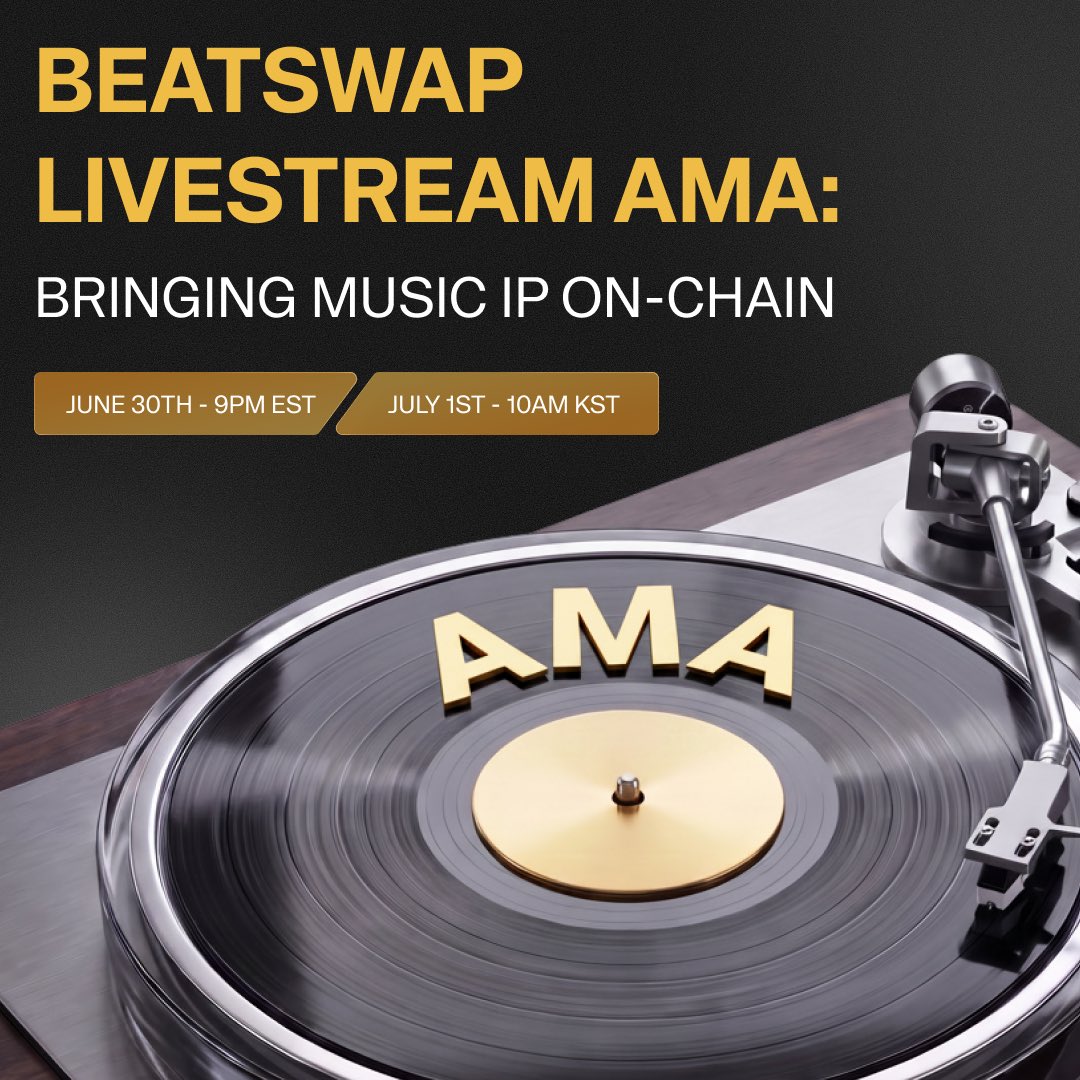 Genzio's tweet photo. What does the future of music ownership look like?

Join us live with @BeatXswap for an AMA on bringing music IP on-chain!

📅 June 30 | 9 PM EST
📅 July 1 | 10 AM KST

See you there! https://t.co/sD2Y70xnPa