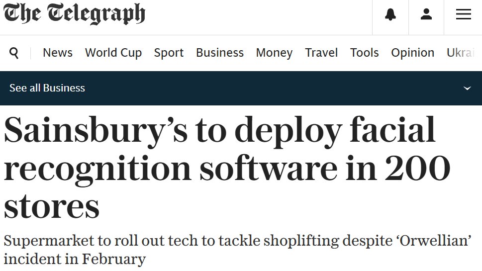BigBrotherWatch's tweet photo. 🚨NEWS: Sainsbury's to roll out live facial recognition in 200 shops

“The mass rollout of live facial recognition across Sainsbury’s stores is a shameful decision that treats customers like suspects, putting millions of law-abiding people at serious risk of privacy intrusions and humiliating false shoplifting accusations.” - @silkiecarlo 

Read⤵️
https://t.co/lF0sgJYuHn