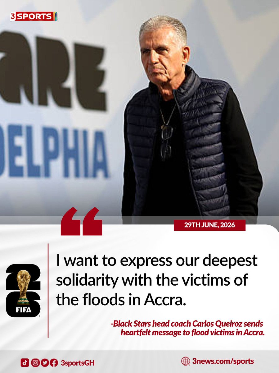 tv3_ghana's tweet photo. Carlos Queiroz sympathizes with flood victims in Accra.  

#3Sports #Mundial26OnMG #TV3GH https://t.co/i9CcAzCDxz