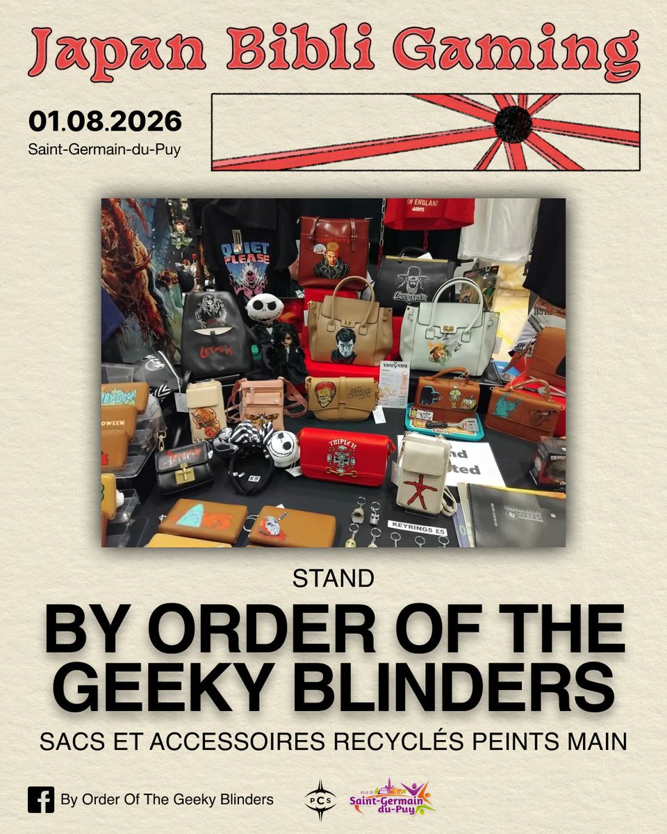 jpnbibligaming's tweet photo. 🎨 Pourquoi choisir un accessoire ordinaire quand on peut porter une pièce unique ?

Retrouvez By Order Of The Geeky Blinders au Japan Bibli Gaming 2026 !

👜 Sacs à main peints à la main
👛 Portefeuilles et porte-monnaie
🧢 Casquettes personnalisées https://t.co/mMmRzqtery