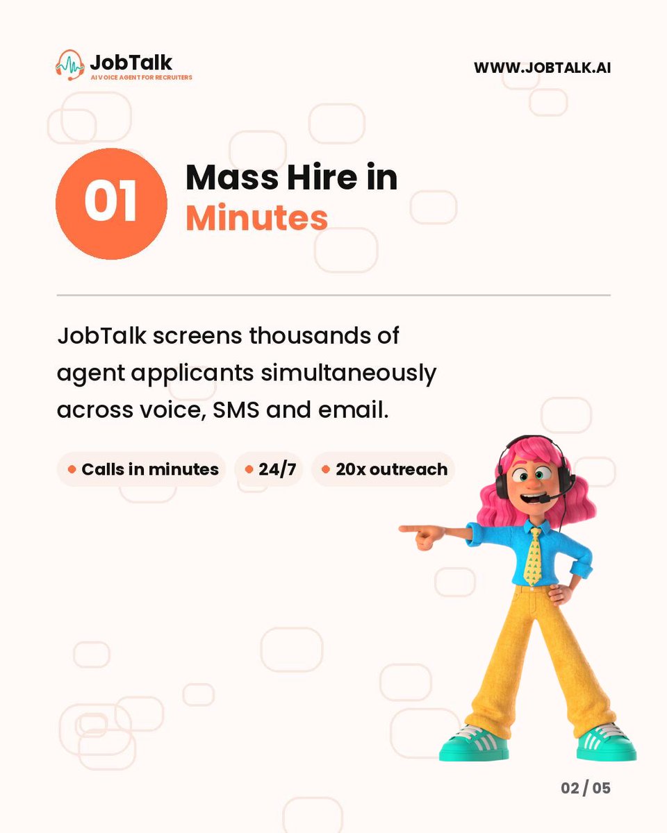 JobTalkAgent's tweet photo. Staff your floor with five-star agents. ☎️
JobTalk's AI recruiter screens, scores, and schedules support agents at massive scale.
Fill every seat, every shift. Book a demo at demo@jobtalk.ai
#BPO #CustomerService #CallCenter #JobTalk #AIRecruiting #HighVolumeHiring #ContactCenter https://t.co/pA6zSa8hmJ