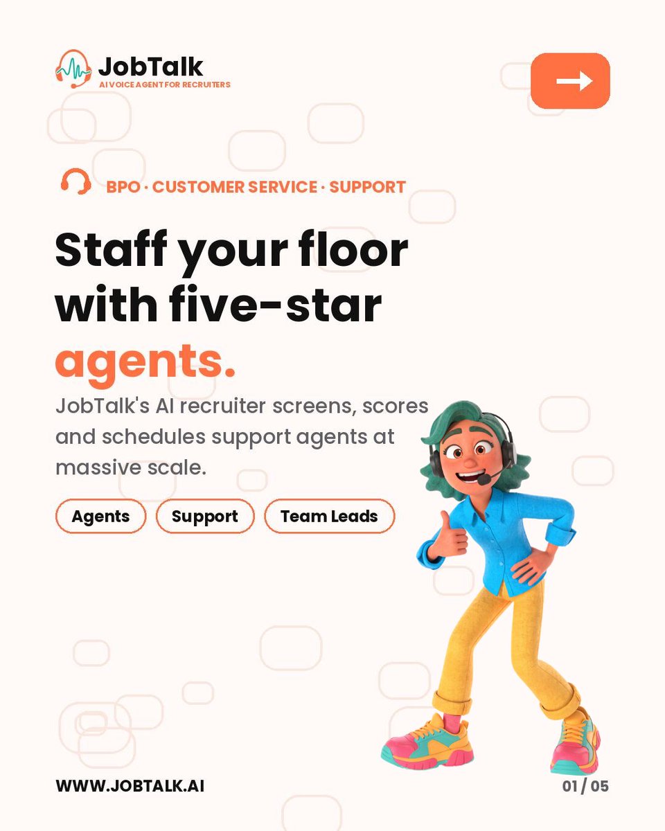 JobTalkAgent's tweet photo. Staff your floor with five-star agents. ☎️
JobTalk's AI recruiter screens, scores, and schedules support agents at massive scale.
Fill every seat, every shift. Book a demo at demo@jobtalk.ai
#BPO #CustomerService #CallCenter #JobTalk #AIRecruiting #HighVolumeHiring #ContactCenter https://t.co/pA6zSa8hmJ
