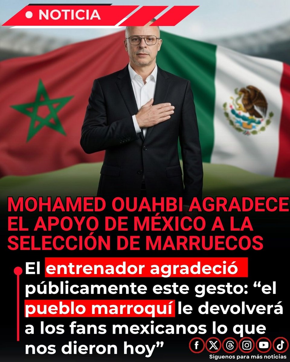 EnsedeCiencia's tweet photo. 🔴El entrenador de Marruecos, Mohamed Ouahbi, agradeció públicamente el apoyo que la afición mexicana le dio a su selección durante el partido de octavos de final del Mundial 2026 en Monterrey.

Tras la victoria de Marruecos ante Países Bajos en penales, Ouahbi declaró:
“La próxima Copa del Mundo se juega también en Marruecos y creo que en este momento el pueblo marroquí devolverá lo que los fans mexicanos nos han dado hoy. Van a venir, van a estar como en casa y van a tener un estadio lleno de fans seguro.”

Un bonito gesto de reconocimiento hacia la afición mexicana que llenó el Estadio BBVA y apoyó a Marruecos como si fuera su propia selección.