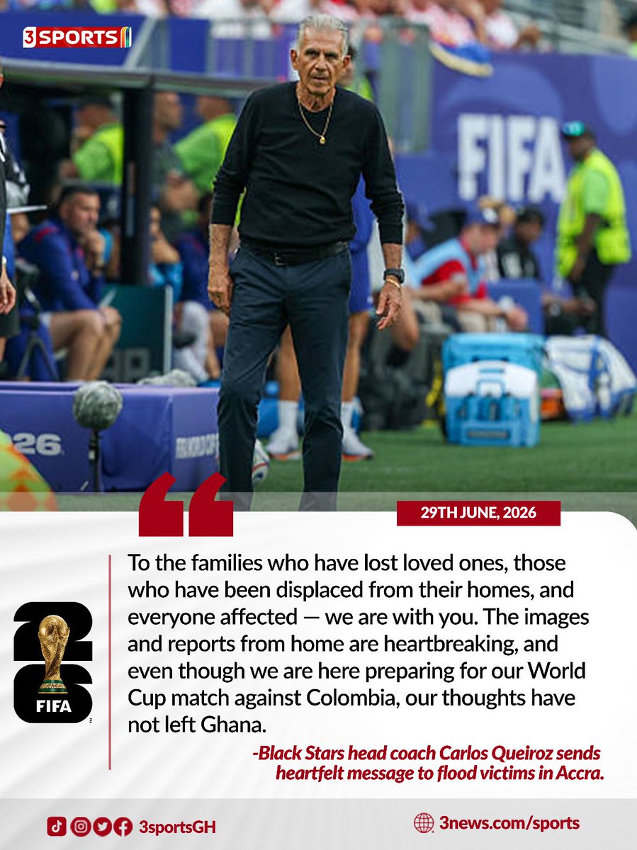 tv3_ghana's tweet photo. Carlos Queiroz sends a message to the affected victims of the June 29 flood in Accra.  

#3Sports #Mundial26OnMG #TV3GH https://t.co/91vgn9LuHY