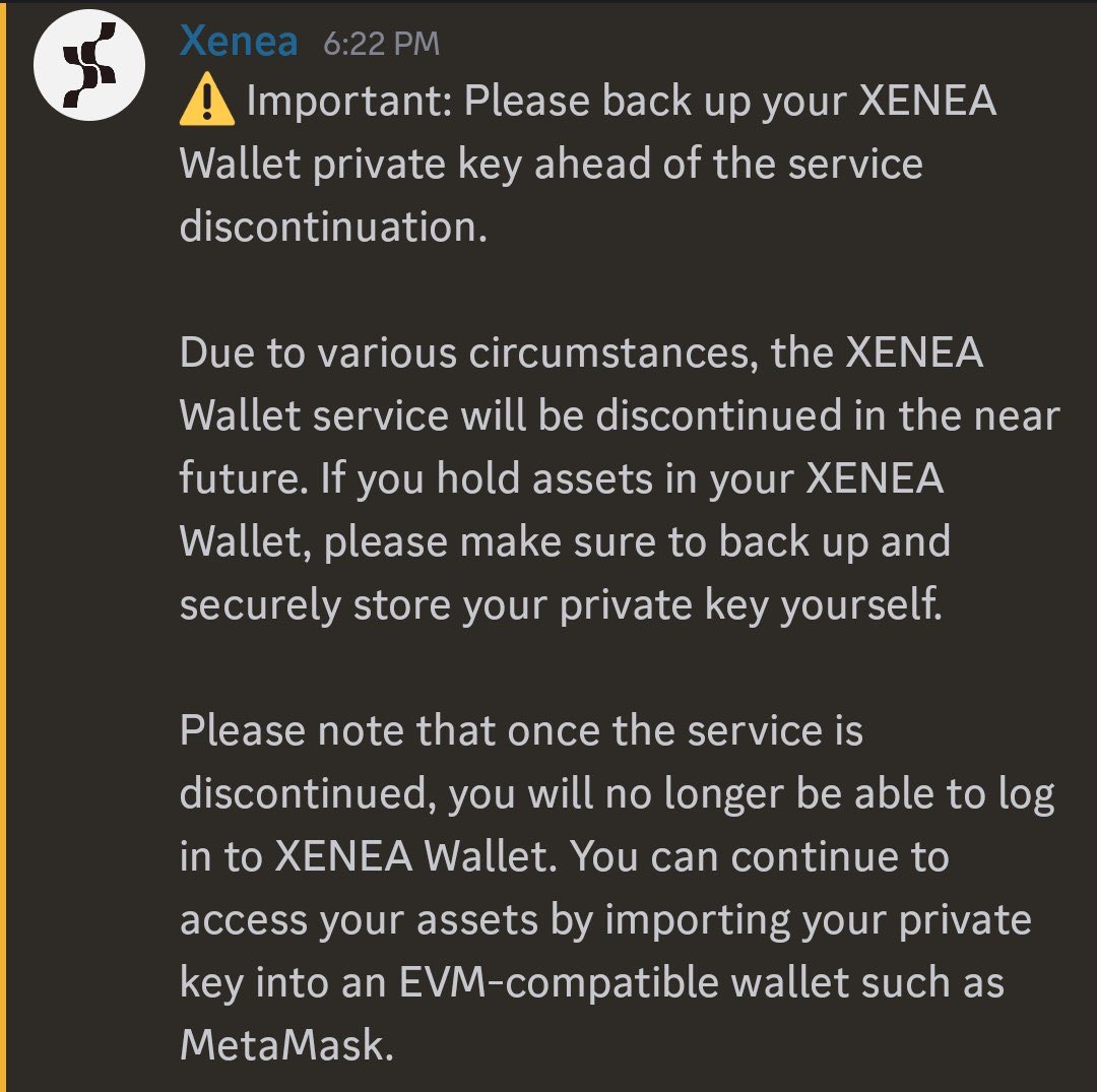 DavidMoses80253's tweet photo. ✦ XENEA Wallet Update 

Xenea Wallet service will be discontinuing, so if you hold something then save private key and import it in Metamask to access. 

For now, we don't know about xenea is shutting down or not 

 Nowadays airdrops are waste of time.
What do you think?
#xenea https://t.co/lRb9QXA2YM